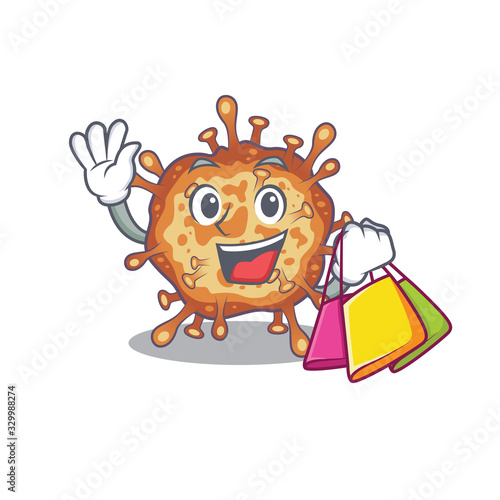 Happy rich retro virus corona mascot design waving and holding Shopping bag
