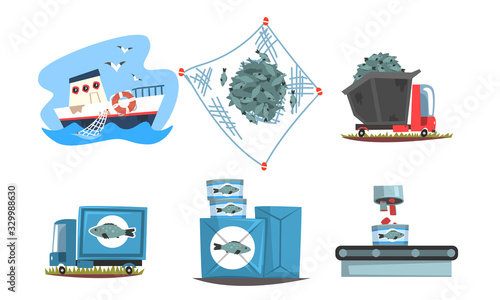 Industrial Production of Seafood Steps Set, Fishing Vessel and Factory Equipment Vector Illustration