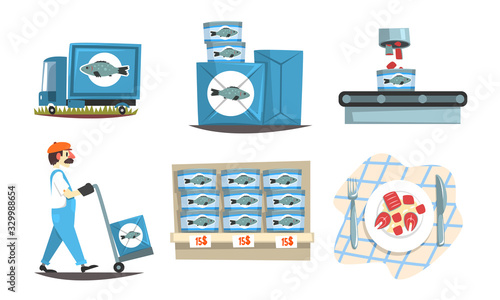 Seafood Production Steps Set, Fishing Vessel and Factory Equipment Vector Illustration on White Background