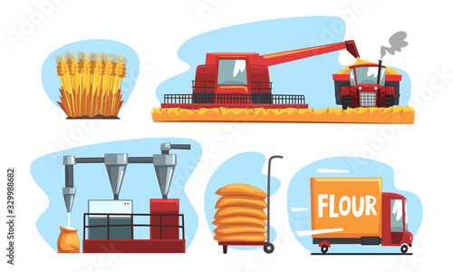 Production of Flour and Bread Set, Industrial Wheat Processing Vector Illustration on White Background