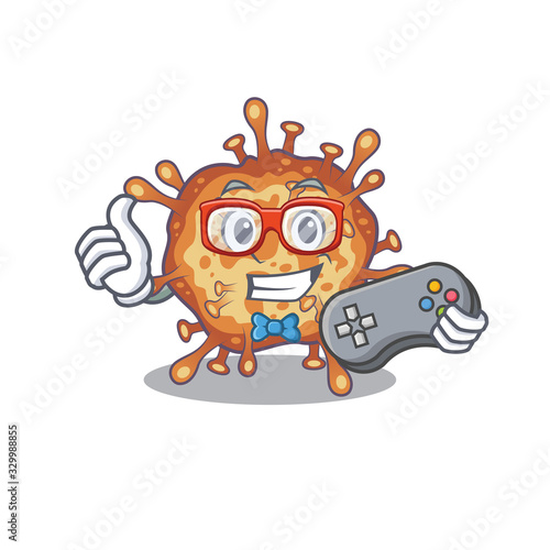 Cool gamer of retro virus corona mascot design style with controller