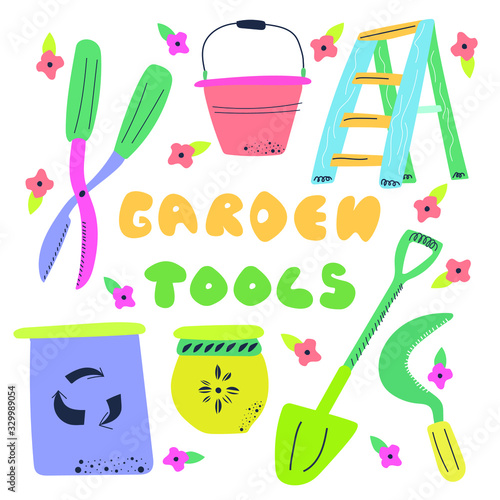 Garden tools - text. Set of hand drawn objects for gardening. Flat vector illustration. ladder, shovel, basket, recycling bin, hedge shears, pot and little flowers.