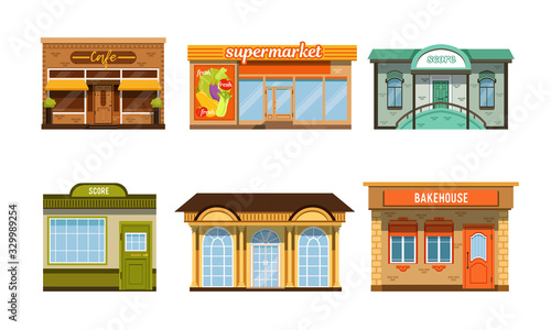 City Buildings Facades Collection, Cafe, Supermarket, Score, Bakehouse Vector Illustration