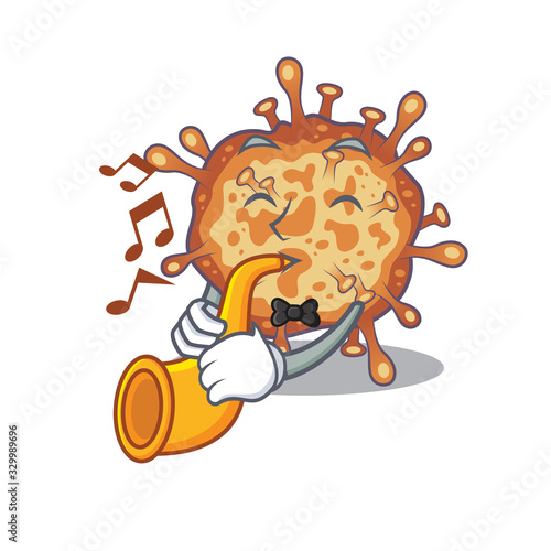 Retro virus corona cartoon character design playing a trumpet