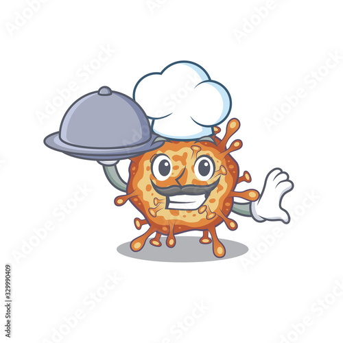 Retro virus corona as a chef cartoon character with food on tray