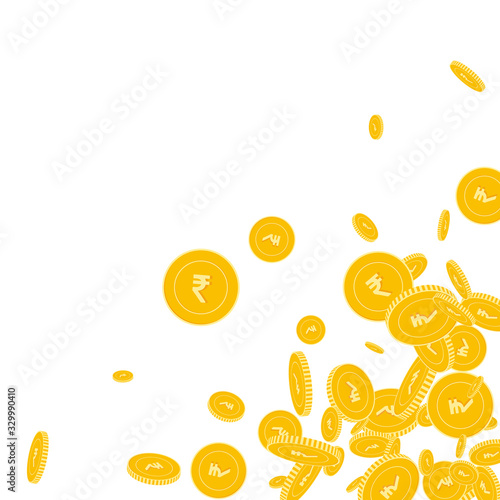 Indian rupee coins falling. Scattered floating INR
