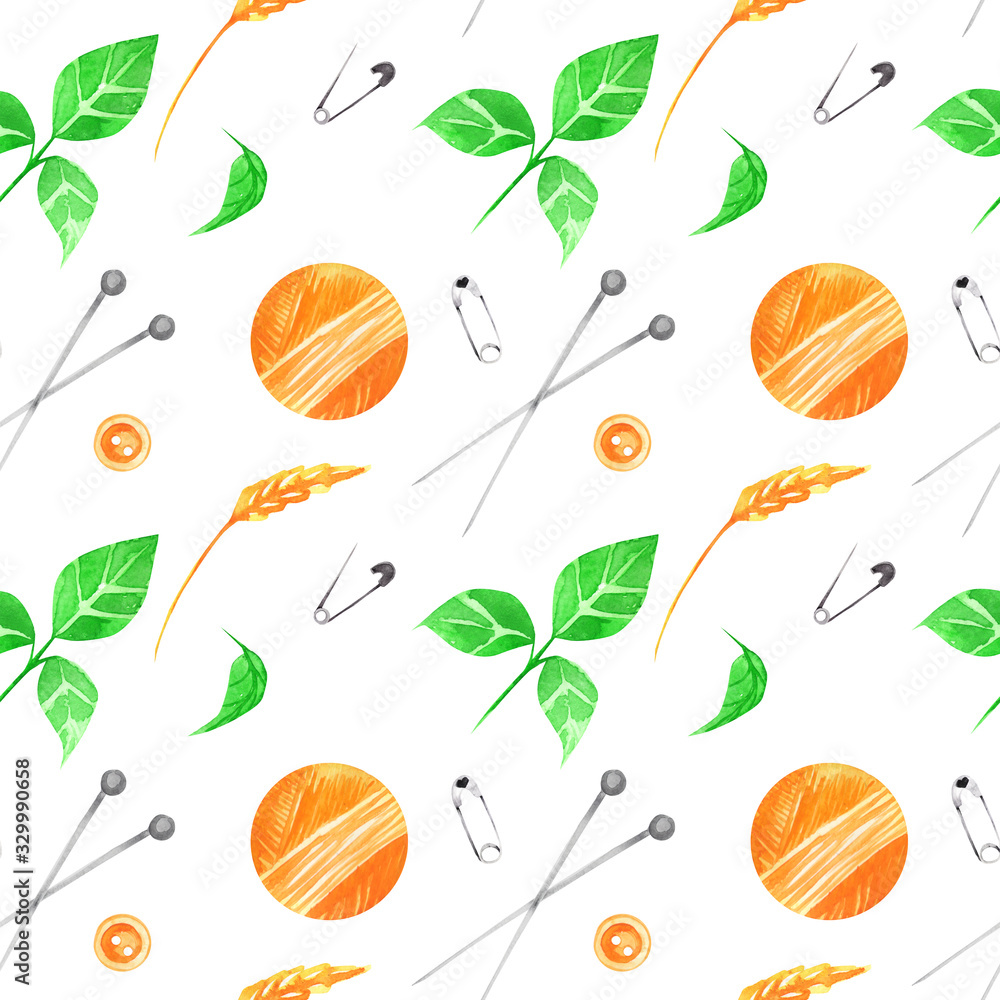 Knitting seamless pattern. Colorful  pattern with knitting and sewing tools on a white background, drawing watercolor. Fabric wallpaper print texture.