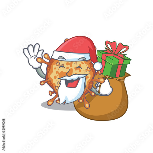 Santa retro virus corona Cartoon character design with box of gift
