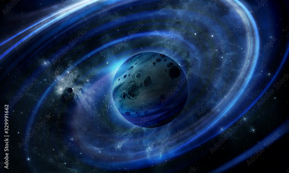 abstract space illustration, 3d image, blue planet in space and the radiance of abstract lines abstract space illustration, 3d image, blue planet in space and the radiance of abstract lines