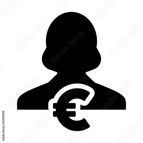 Bank icon vector female user person profile avatar with Euro sign currency money symbol for banking and finance business in flat color glyph pictogram illustration