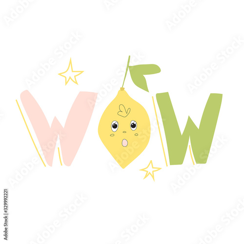 Wow. Cute lettering - Wow lemon excited with admiring look. Hand drawn character art illustration in cartoon style as highlight icons for stories, sticker, poster, tshirt print