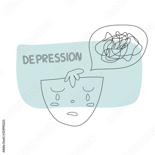 Depression. Line art vector illustration of a   man in depressive state of mind. Heartbreak and sad doodle art sketch people. Psychology, stress, bad mood.