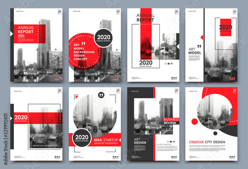 Abstract binder layout. White a4 brochure cover design. Fancy info text frame. Creative ad flyer font. Title sheet model set. Modern vector front page. Elegant city banner. Red figures icon fiber photo