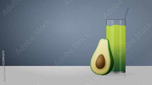 A glass of avocado juice on the table. Smoothies. Half avocado with bone. Gray background with place for text. Vector illustration