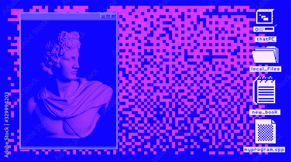 Retro vaporwave desktop with console window and user interface icons ...