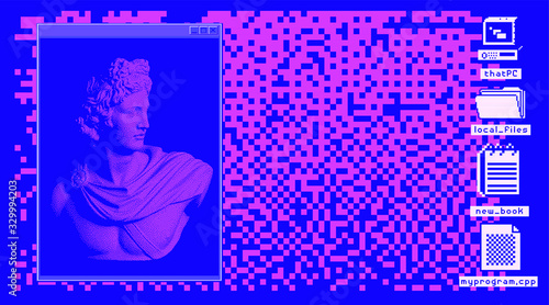 Retro vaporwave desktop with console window and user interface icons. Webpunk retrofuturistic nostalgic style.