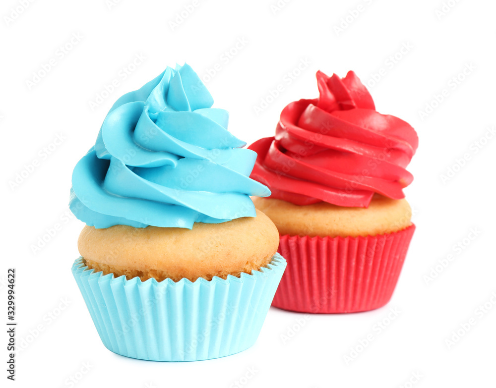 Delicious birthday cupcakes with buttercream on white background Delicious birthday cupcakes with buttercream on white background
