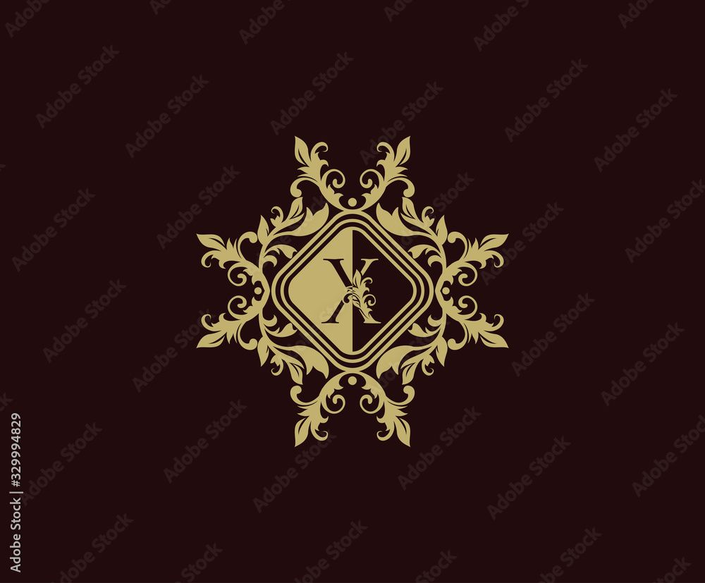 Luxury logo design with initial X. Elegant flourishes X Letter. Border carved frame logo template. Vintage vector element.