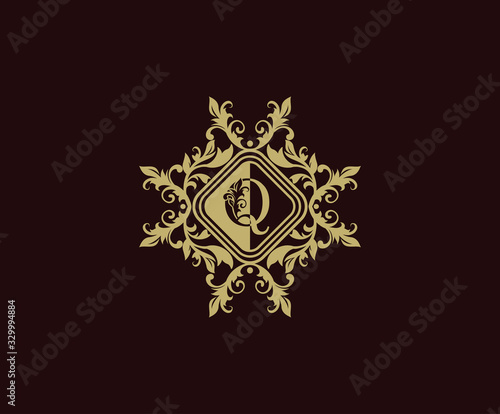 Luxury logo design with initial Q. Elegant flourishes Q Letter. Border carved frame logo template. Vintage vector element.
