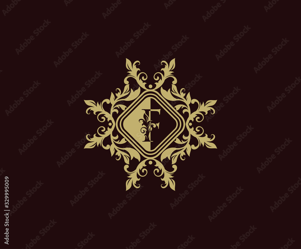 Luxury logo design with initial F. Elegant flourishes F Letter. Border carved frame logo template. Vintage vector element.