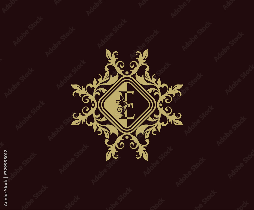 Luxury logo design with initial E. Elegant flourishes E Letter. Border carved frame logo template. Vintage vector element.