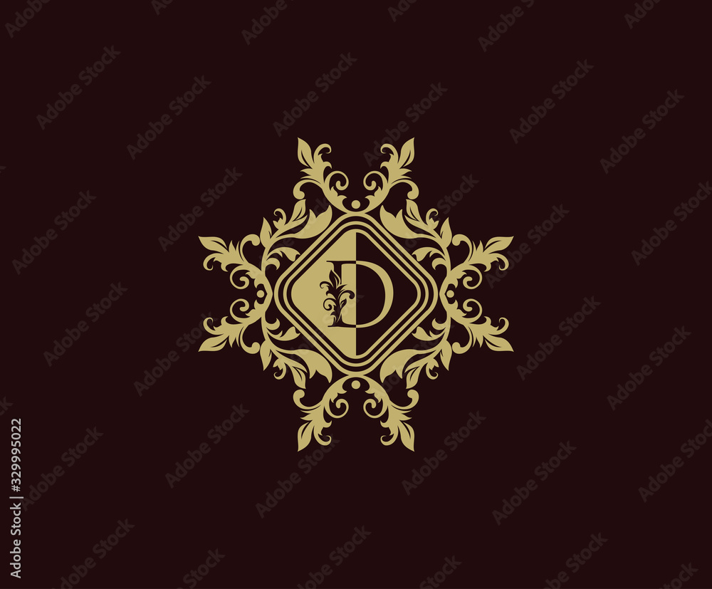 Luxury logo design with initial D. Elegant flourishes D Letter. Border carved frame logo template. Vintage vector element.