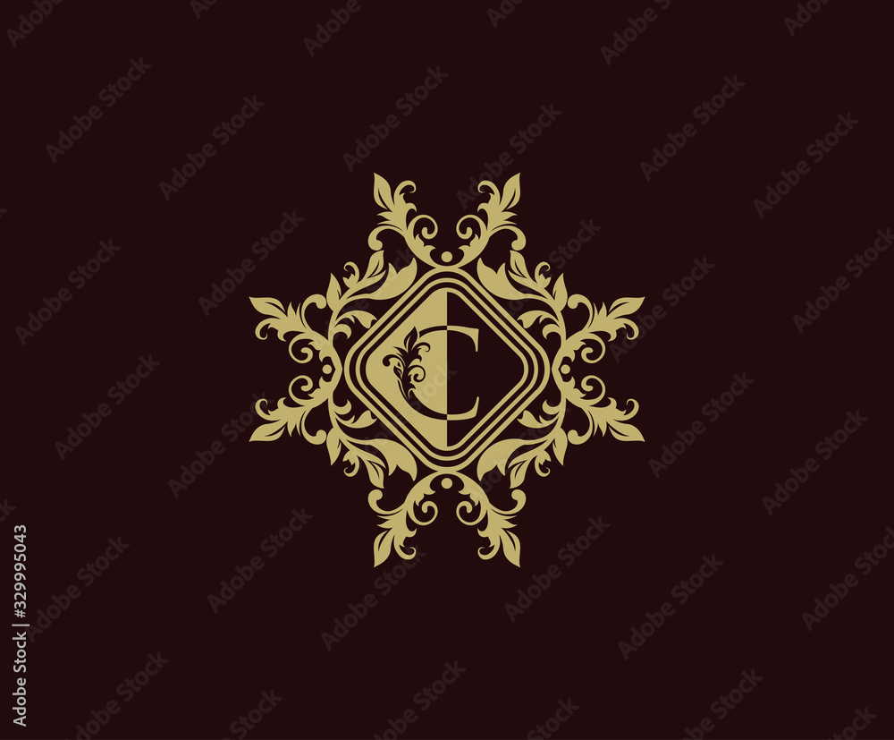 Luxury logo design with initial C. Elegant flourishes C Letter. Border carved frame logo template. Vintage vector element.