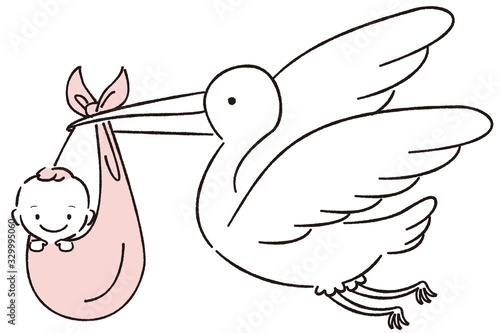 手描き1color　コウノトリに運ばれる赤ちゃん