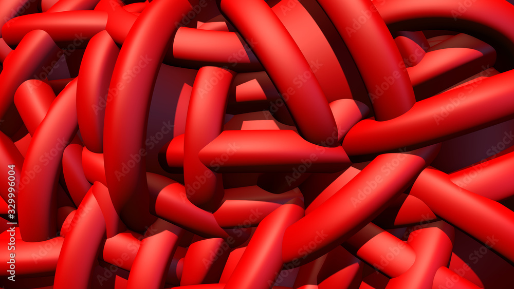 Obraz premium Abstract background with heap or hank of plastic rubber pipes or bands. 3D illustration