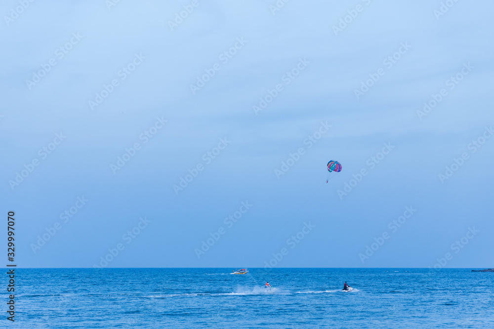 Parasailing at Corbyns Cove beach in Port Blair, Andaman and Nicobar Islands, India during the beach festival 2020. Parasailing at Corbyns Cove beach in Port Blair, Andaman and Nicobar Islands, India during the beach festival 2020.