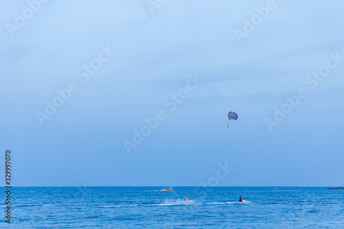 Parasailing at Corbyns Cove beach in Port Blair, Andaman and Nicobar Islands, India during the beach festival 2020. 