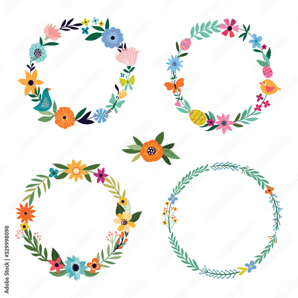 Fototapeta premium Spring collection with floral wreaths , different seasonal elements, isolated on white