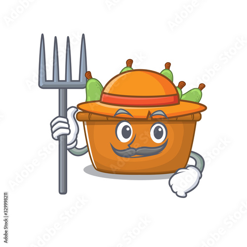 Pear fruit box in Farmer cartoon character with hat and pitchfork