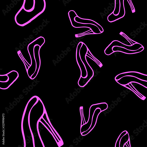 Fashionable seamless pattern women's slipper. Pink glamorous contour on a black background.