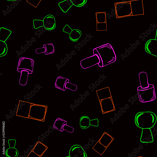 seamless pattern with colorful bottles of nail polish on a black background.