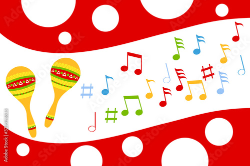 Maracas, a set of multi-colored maracas with notes icons. Vector illustration of a maracas game.