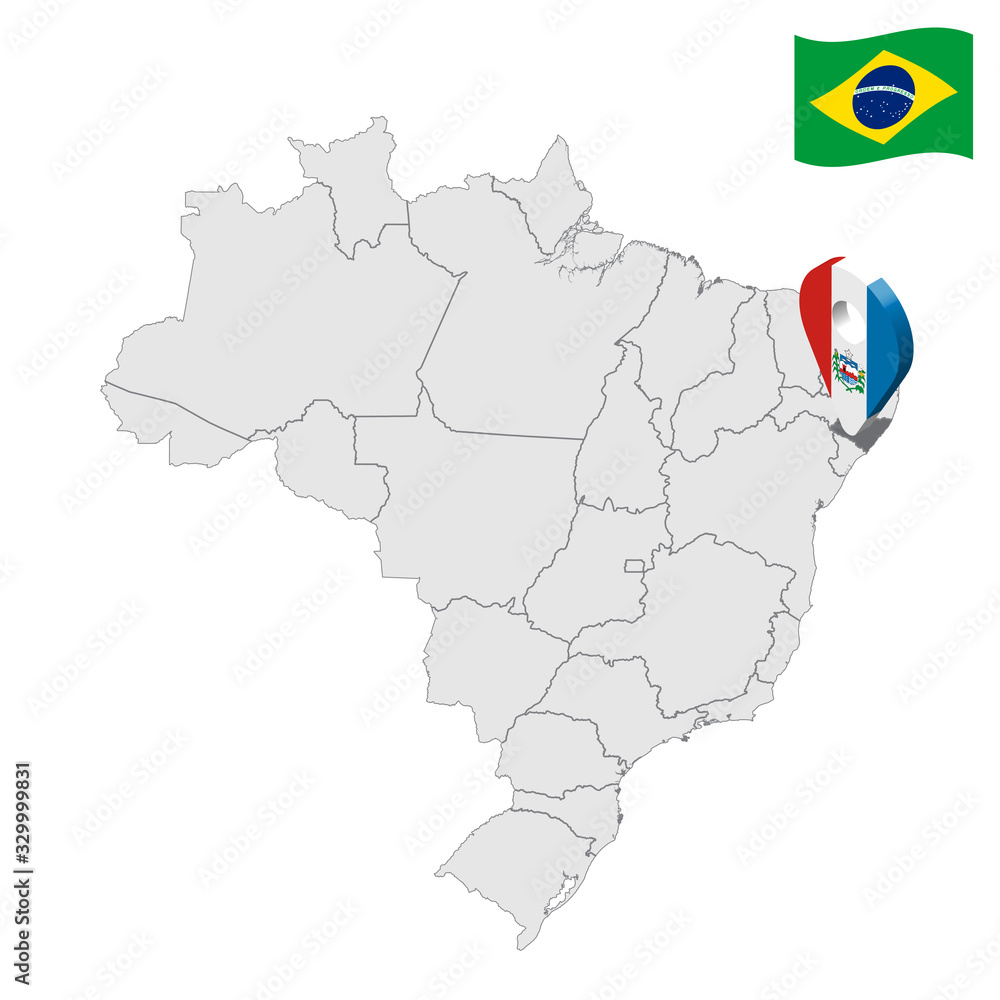 Obraz premium Location of Alagoas on map Brazil. 3d Alagoas location sign. Flag of Alagoas. Quality map with regions of Brazil. Stock vector. EPS10.