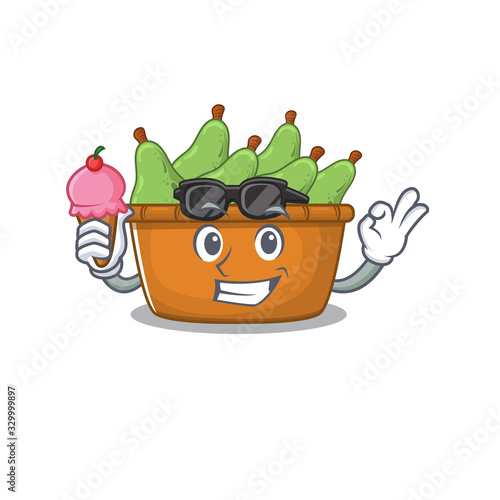 cartoon character of pear fruit box holding an ice cream