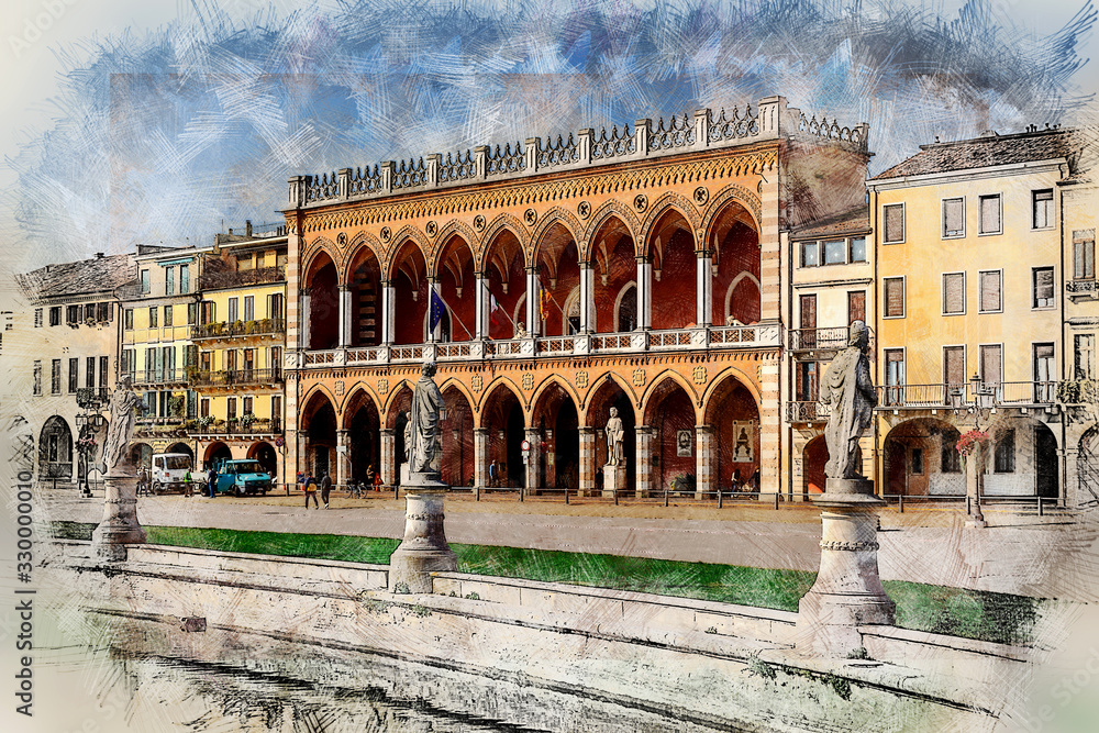 Fototapeta premium Lodge Amulea and and sculptures at Prato Della Valle. Padua, Province of Padua/ Italy. Color pencil style illustration.