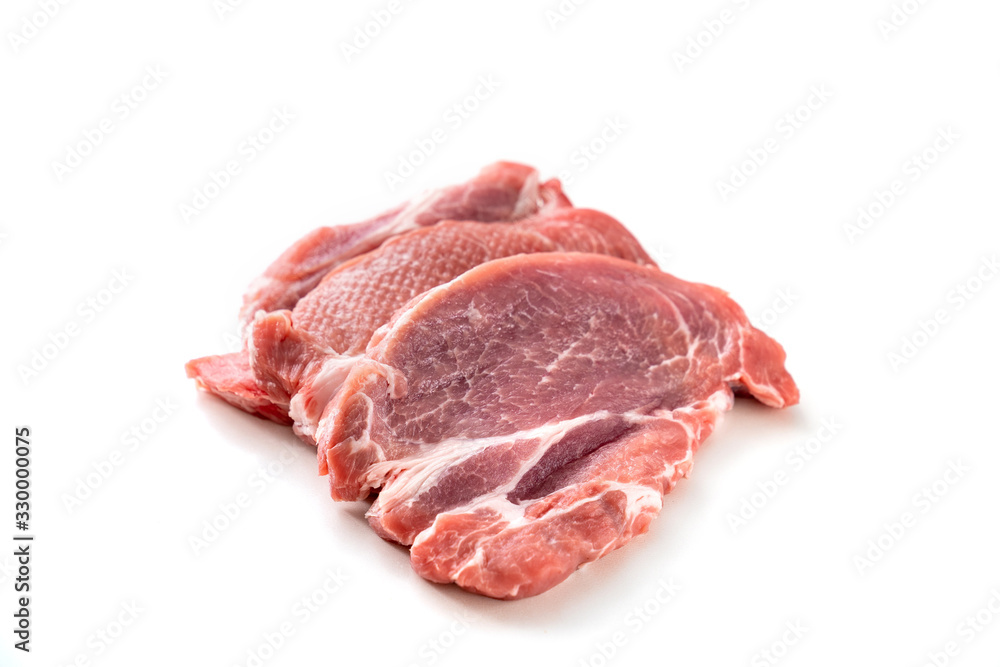 piece of raw meat, pig neck on a white background.