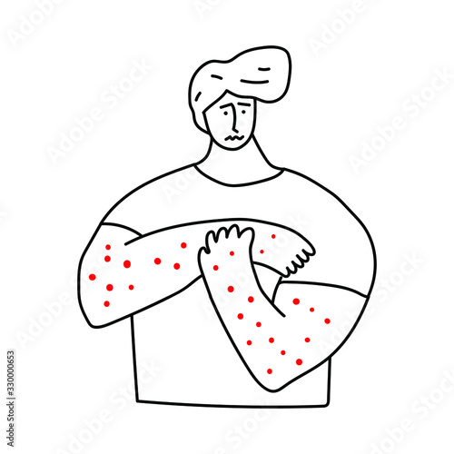 Man have problem with skin. Vector outline illustration on white background.
