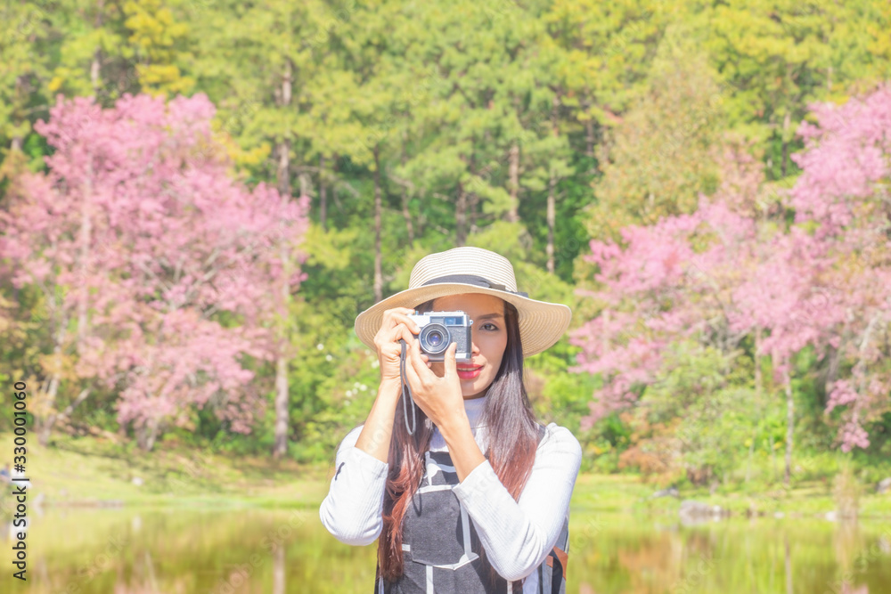Fototapeta premium Smiling woman traveler in pink sakura blossom park at doi inthanon&nbsp;landmark chiang mai thailand with backpack holding vintage camera on holiday, relaxation concept, travel concept