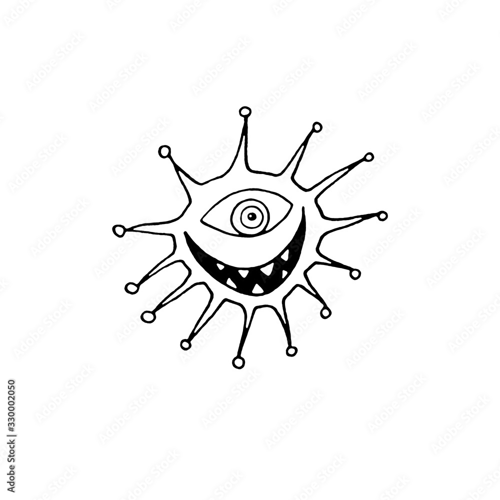 Fototapeta premium Cartoon outline virus character illustration on white background. Isolated character, icon, monster, microbe, pathogen