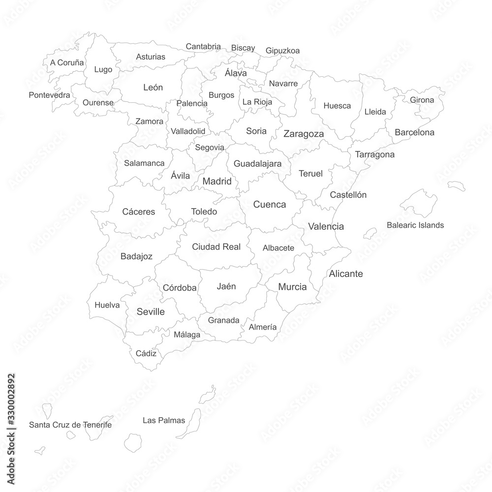 Spain detailed map with name labels. Perfect for business concepts, backgrounds, backdrop, poster, sticker, banner, label and wallpaper.