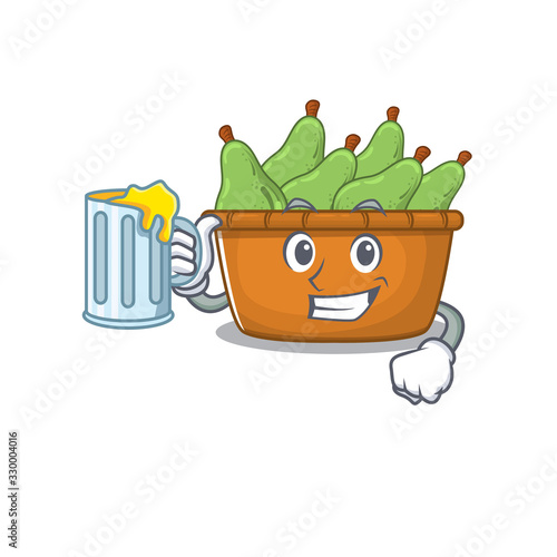 Cheerful pear fruit box mascot design with a glass of beer