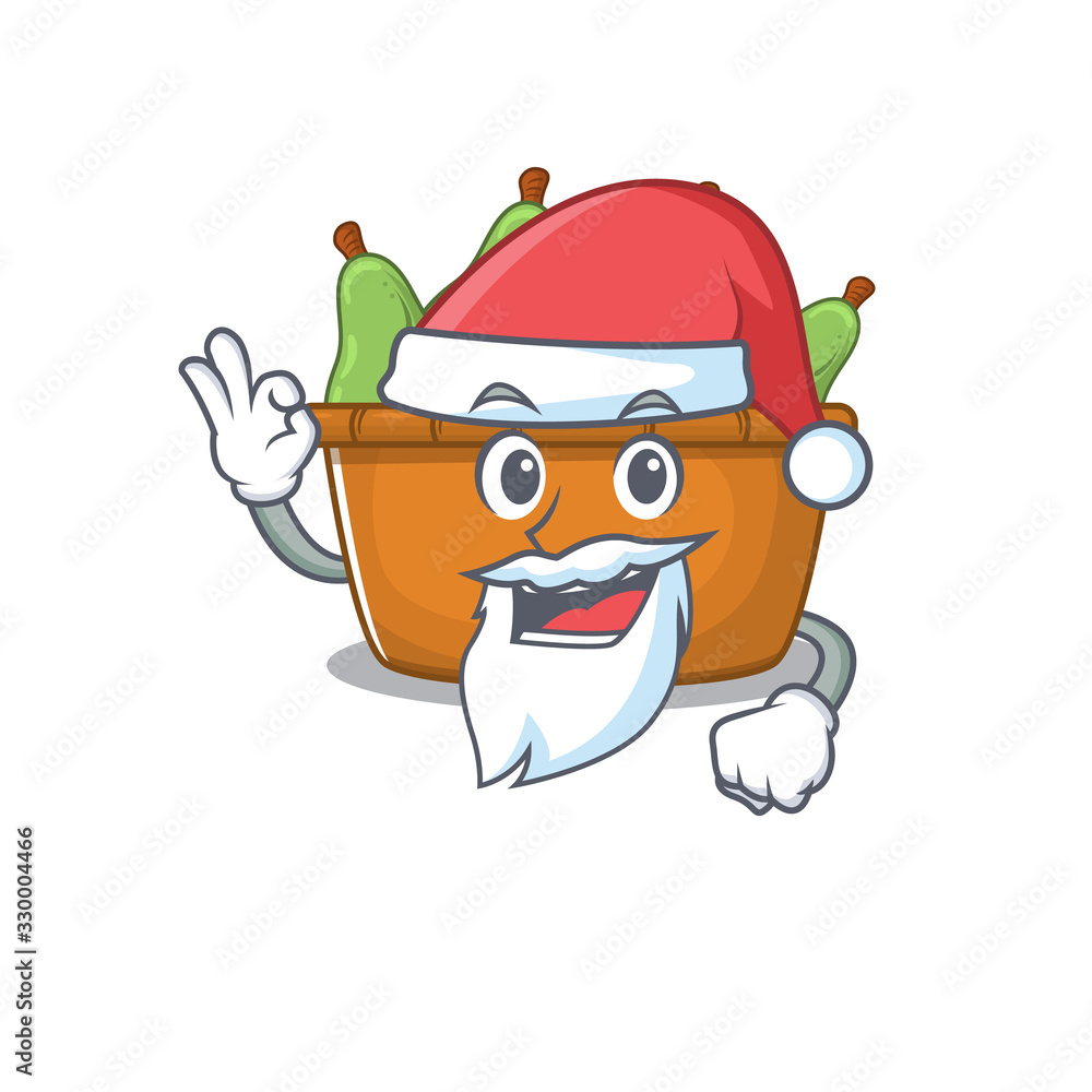 Pear fruit box in Santa cartoon character design showing ok finger