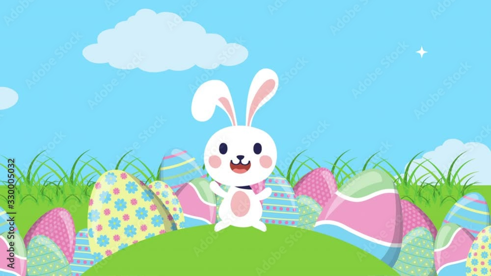 happy easter animated card with rabbit and eggs painted in the camp happy easter animated card with rabbit and eggs painted in the camp