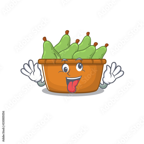 A picture of crazy face Pear fruit box mascot design style