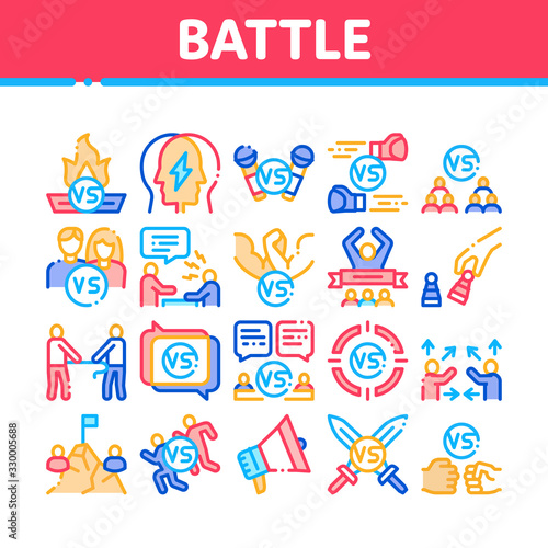 Battle Competition Collection Icons Set Vector. Champion Battle  Box And Run Sport Championship  Chess And Karaoke  Loudspeaker And Sword Concept Linear Pictograms. Color Contour Illustrations