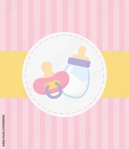 baby shower, pink pacifier and milk bottle stripes background celebration card